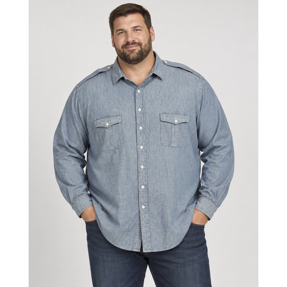 Polo Ralph Lauren 4XLT Chambray Safari Shirt Blue Button Up Epaulets Utility